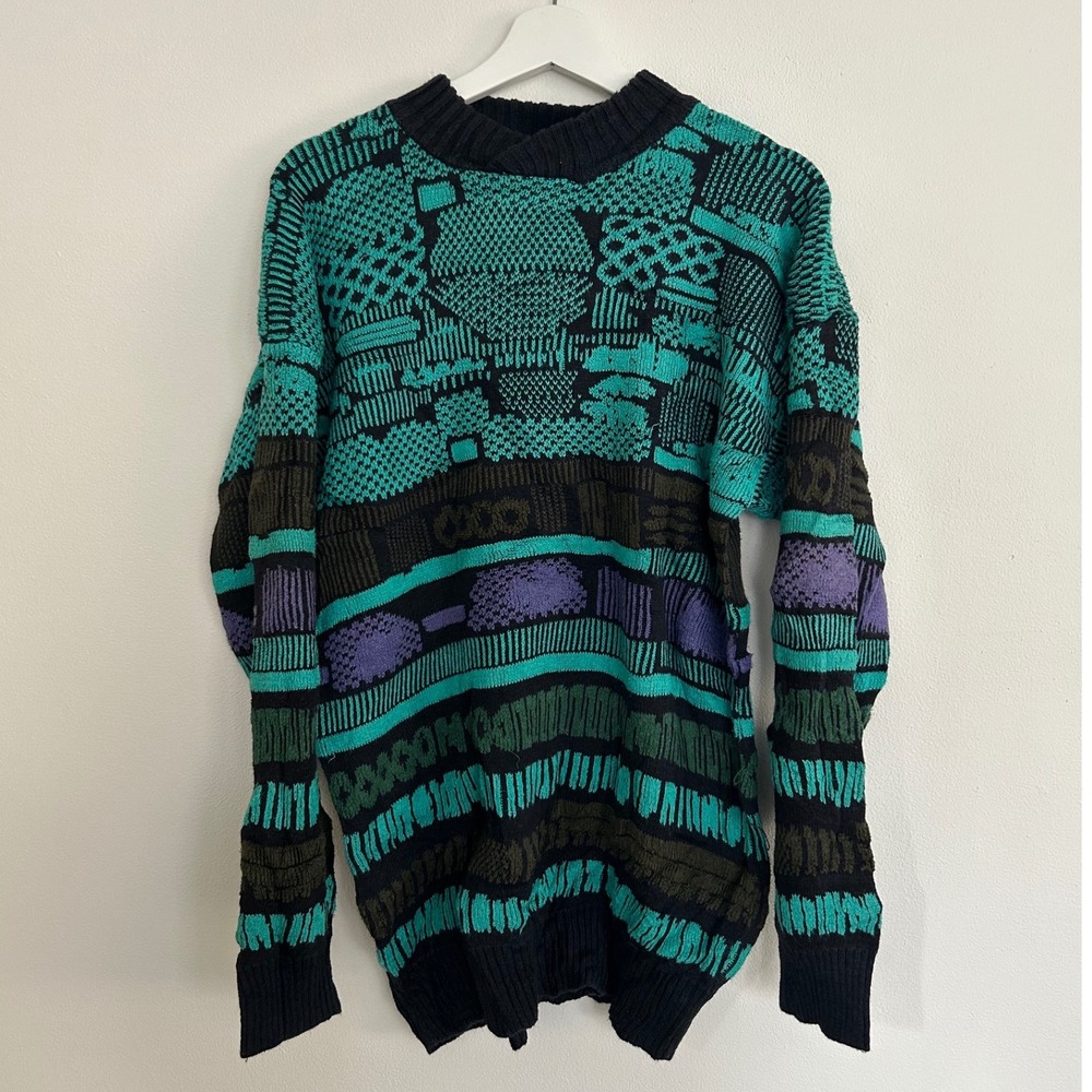 Generra‎ Mens Geometric Print Sweater Black Teal Purple Cotton Ramie Size Small